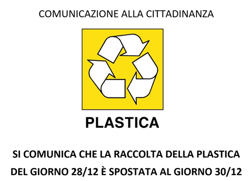 Spostamento raccolta plastica dal 28/12/2023 al 30/12/2023