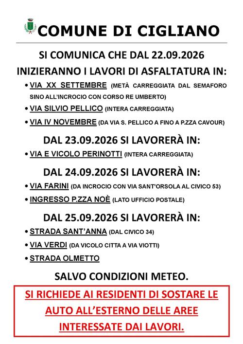 Avviso lavori asfaltatura