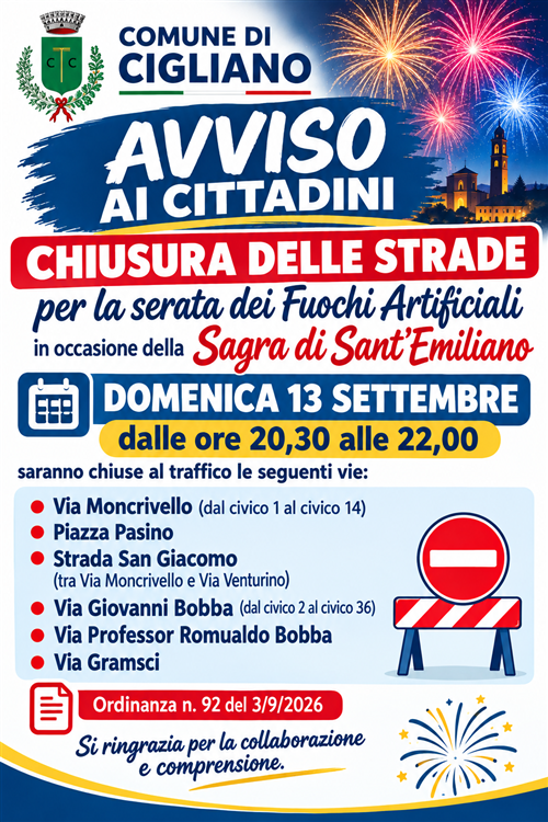 Avviso chiusura strade fuochi artificiali