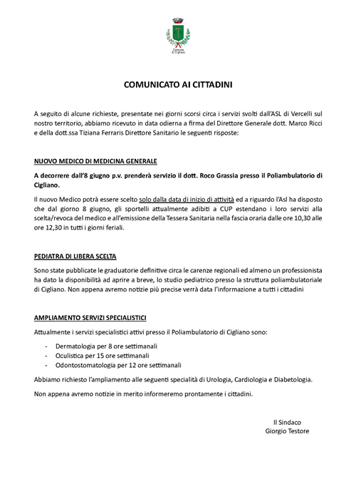 Comunicato ai cittadini