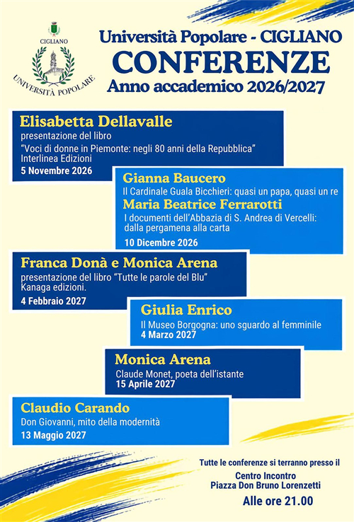 Università Popolare Cigliano - Conferenze Anno accademico 2026/2027