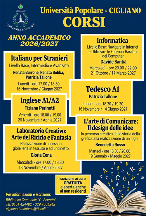 Università Popolare Cigliano - Corsi Anno accademico 2026/2027
