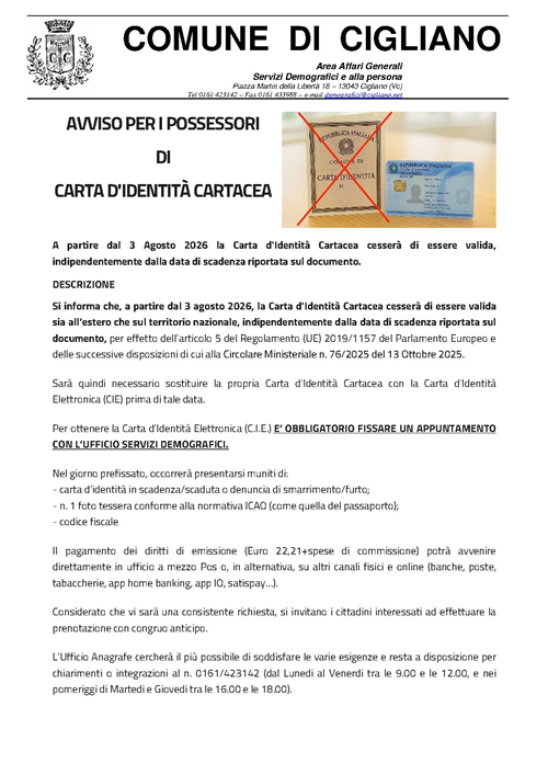 AVVISO PER I POSSESSORI DI CARTA D'IDENTITÀ CARTACEA