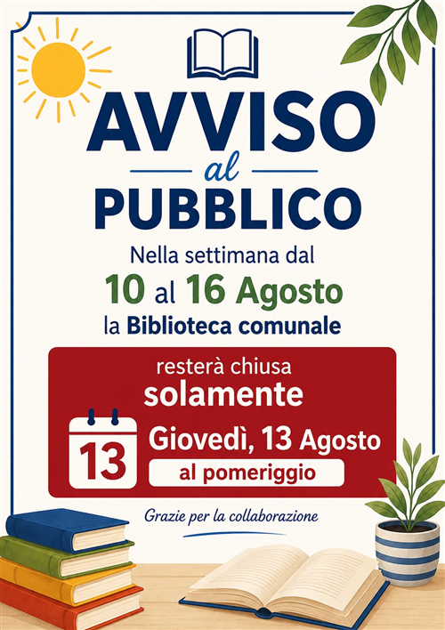Avviso orari apertura Biblioteca Comunale