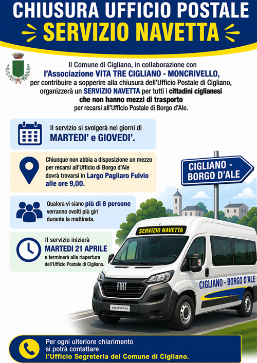 Chiusura Ufficio Postale: servizio navetta