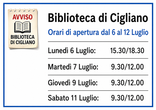 Avviso orari apertura Biblioteca Comunale